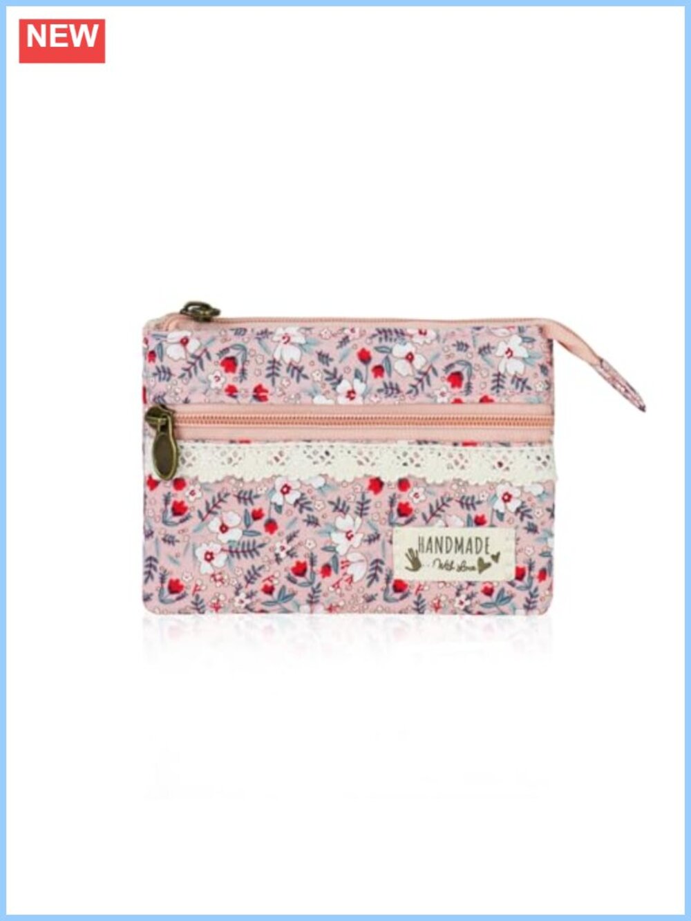 Floral Cotton Coin Purse with 2 Zipper Pockets & Lace Trim